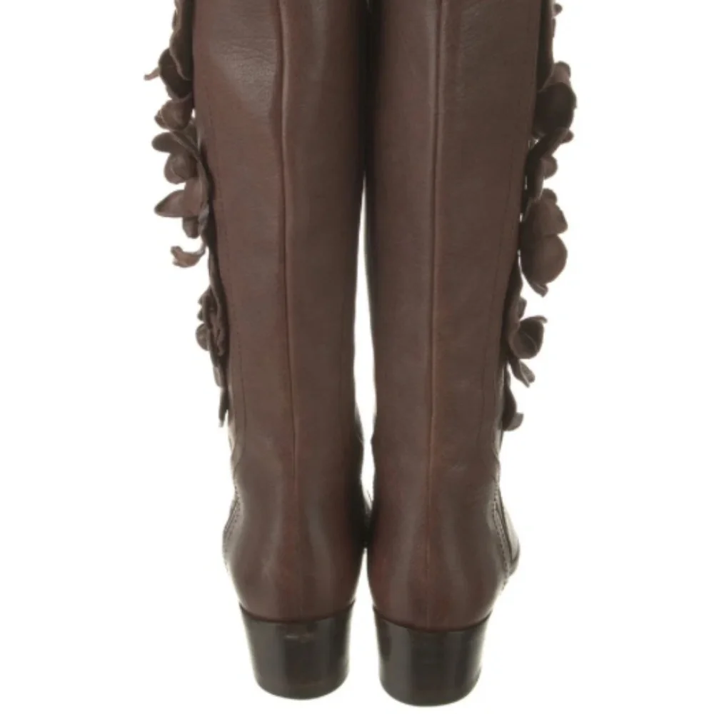 Valentino Garavani brown leather floral appliqué riding knee-high boots size 38.